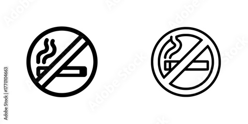 A 'no smoking' symbol is depicted as an editable stroke outline icon, isolated on a white background, in a flat modern illustration style, and is pixel perfect at 64 x 64 resolution