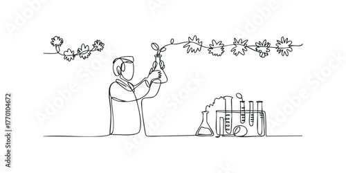 Scientist examines plant in laboratory with glassware