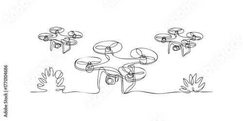 Abstract line art of multiple drones with foliage elements