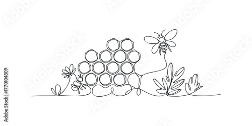 Minimalist single line drawing of bee and honeycomb