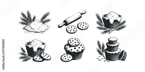 Baking ingredients and pastries graphic collection