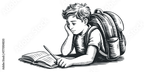 Boy wearing backpack studies intently with book and pencil