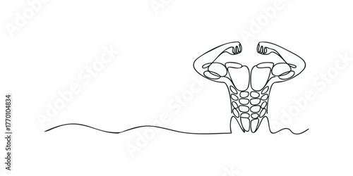 Single line drawing of a muscular torso and flexed arms