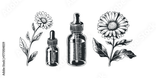 Two dropper bottles with flower botanical sketch