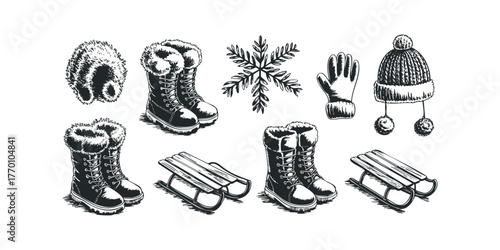 Winter clothing and sleds sketch