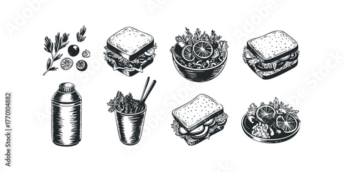 Line Art Collection of Sandwiches and Fresh Salad Elements