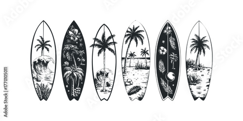Collection of Surfboard Graphics with Tropical Beach Scenes