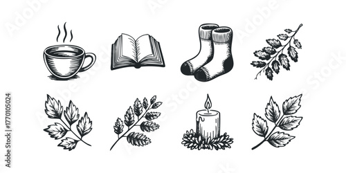 Cozy scene collection with hot drink, book, socks and candle