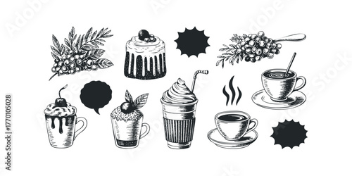 Collection of Hand-Drawn Coffee Drinks and Desserts