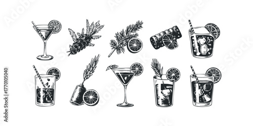 Hand drawn collection of refreshing beverages with citrus slices and garnishes