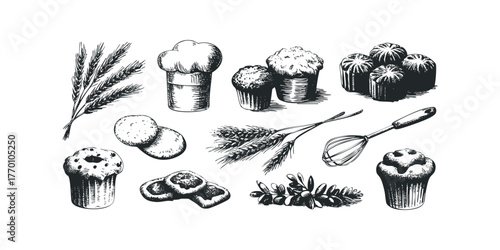 Sketch of bakery items with wheat stalks and chef hat