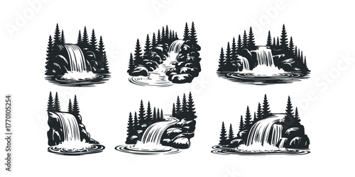 Group of Stylized Forest Waterfalls with Pine Trees