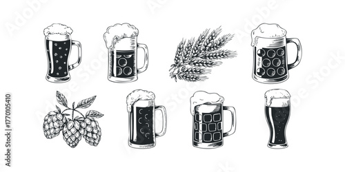 Collection of Engraved Beer Mugs and Ingredients