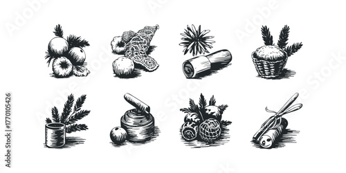 Hand Drawn Festive Holiday Ornaments and Grains