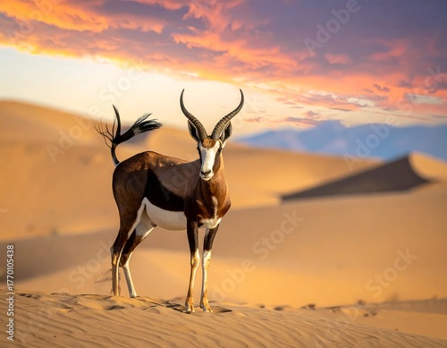 Fototapeta Naklejka Na Ścianę i Meble -  Gazelle amidst sand dunes under a vibrant sunset sky