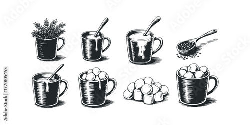 Set of Hand Drawn Mugs With Beverages and Marshmallows