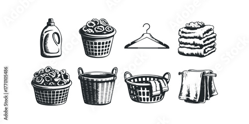 Laundry items including baskets, detergent, and folded towels