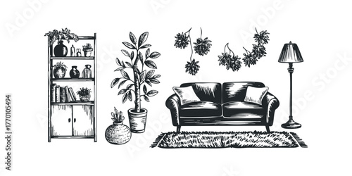 Sketch of a Living Room with Sofa and Bookshelf