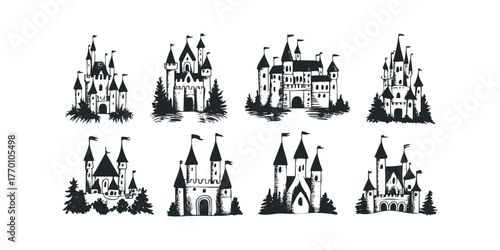 Collection of eight unique fairytale castles with flags