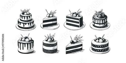 Assortment of Hand Drawn Cakes and Cake Slices