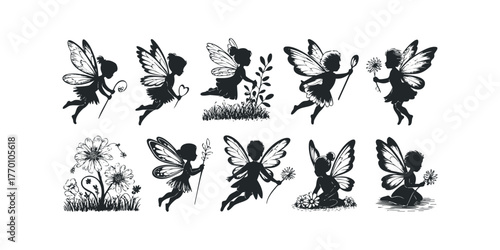 Ten whimsical winged silhouettes of fairies in various poses