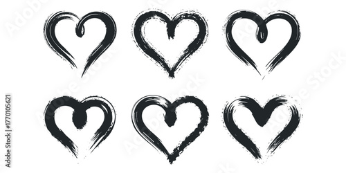 Six abstract ink brush stroke heart shapes