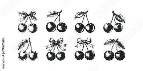 Collection of Hand-Drawn Cherries with Leaves and Bows