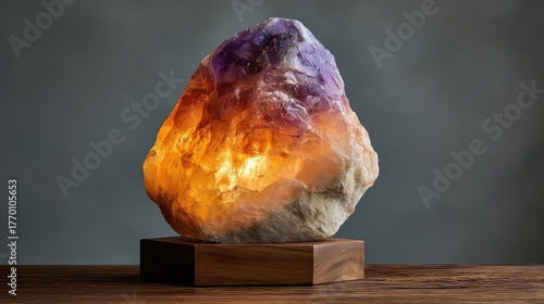 Beautiful Geode Rock with Colorful Layers and Backlighting on Wooden Base in a Softly Lit Studio Setting