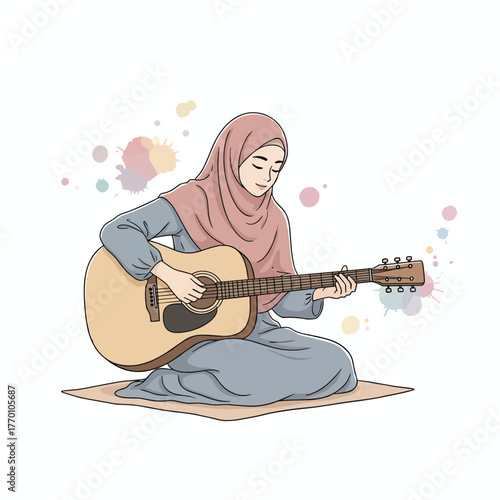 Beautiful Hijab Girl Playing Acoustic Guitar Illustration