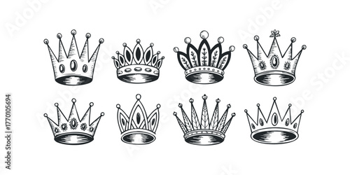 Collection of eight unique hand-drawn crowns on white background