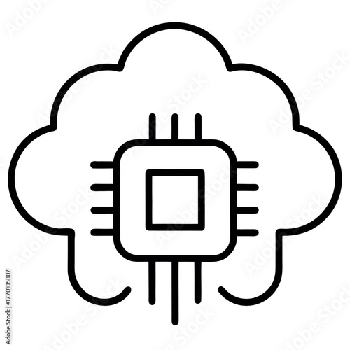 Cloud Computing Chip Vector Icon, Outline Line Style, Isolated on White Background