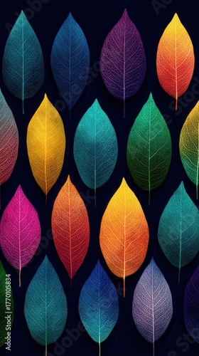 Colorful leaves pattern on dark background