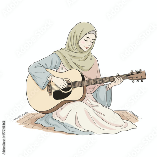 Beautiful Hijab Girl Playing Acoustic Guitar