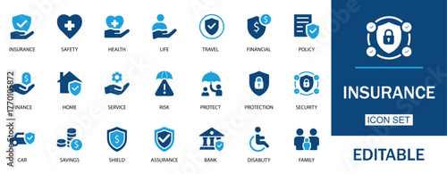 Insurance icon set with clean, editable vector symbols for health, life, auto, home and travel coverage safety and risk management, policy. Ideal for insurers, brokers and financial advisors.