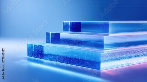 Glowing acrylic glass sheets in blue neon light