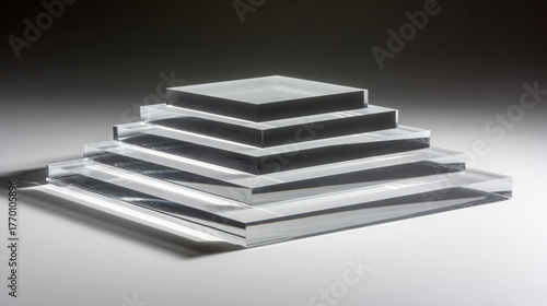 Stacked clear glass sheets in artistic arrangement for modern design concepts