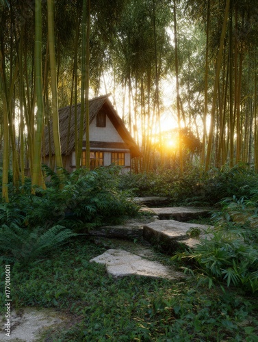 Charming bamboo cabin at sunset