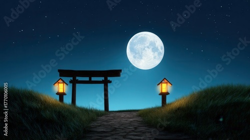 Moonlit night path with torii gate lanterns