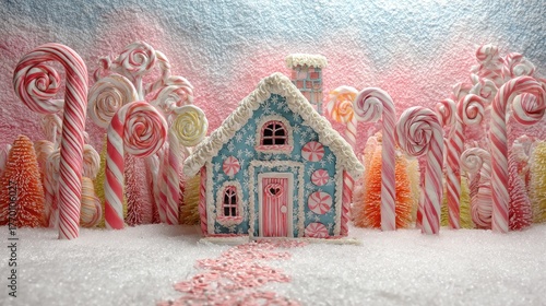 A vibrant candy house sits amidst swirls of peppermint trees and colorful candy landscapes. The scene is set during a magical sunset, creating a dreamy atmosphere.