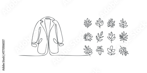 Continuous line drawing of a collared jacket and assorted leaves