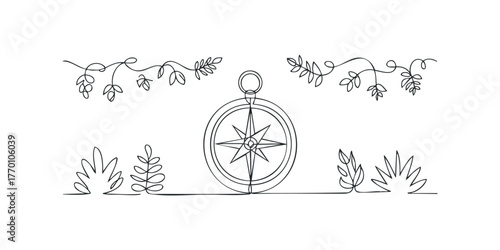 Line Drawing of Compass and Floral Branches
