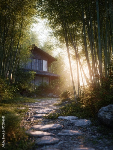 Tranquil bamboo path leads to serene house at sunrise