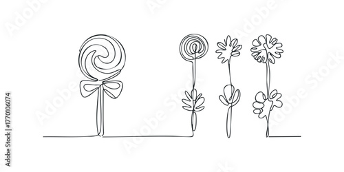 Continuous line drawing of a lollipop and abstract floral shapes