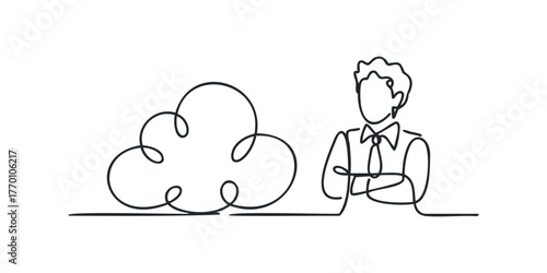 Person with arms crossed next to abstract cloud shape