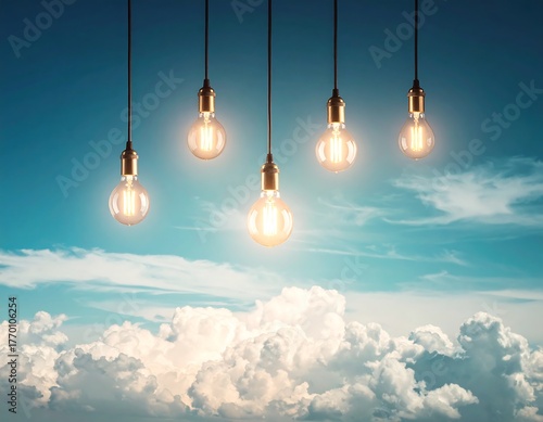Glowing Edison-style bulbs dangle from above the clouds in sky