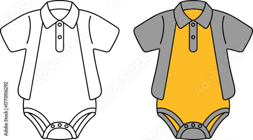 Baby onesie, polo shirt style, vector fashion sketch, colored and outline, infant clothing design, cad drawing flat vector illustration
