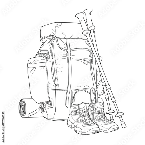 Line art illustration of trekking equipment