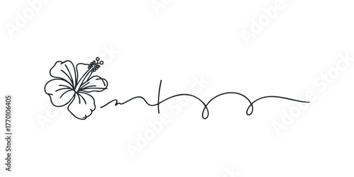 One Line Drawing Hibiscus Flower And Abstract Swirl