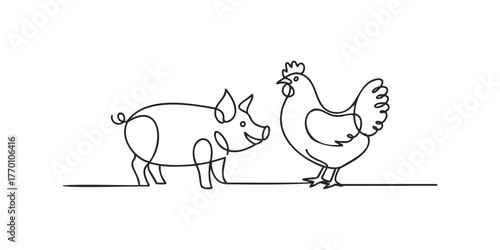 Continuous line drawing of a happy pig and a chicken
