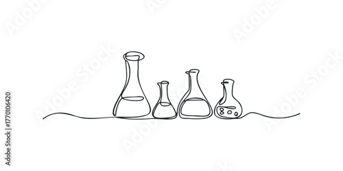 Four laboratory flasks depicted in a single line drawing